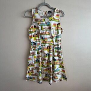 Retrolicious Novelty Print Dress L Mid Century Modern House Cotton Fit Flare